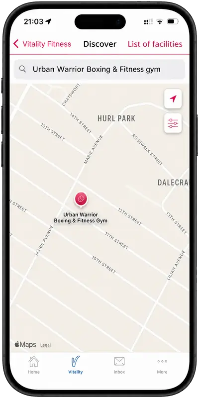 Vitality app facility search for Urban Warrior Boxing and Fitness Gym